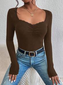 SHEIN Frenchy 蕾絲拼接修身心形領長袖連身衣 冬季棕色 - 棕色 - 查看 7
