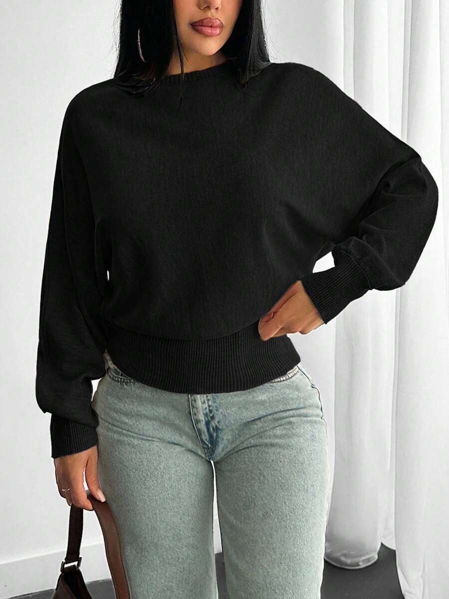 EURMUSE Structured Knit Sweater With Voluminous Sleeves Fitted Waist Curved Ribbed - Black - View 1