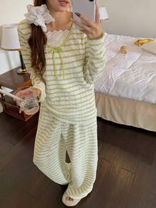 DAZY Ensemble de pyjama femme 2 en 1 en tissu texturé rayé doux - Vert - Voir 3