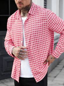 Manfinity Homme 男士格子休闲长袖衬衫 男士纽扣衬衫 男士长袖衬衫 红白衬衫 男士格子衬衫 男士衬衫，圣诞节 - 紅色 - 查看 4