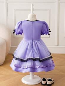 HELLO KITTY AND FRIENDS | SHEIN 少女甜美可爱卡通爱心图案蕾丝拼接圆领泡泡袖荷叶边编织公主裙 - 紫色 - 查看 2