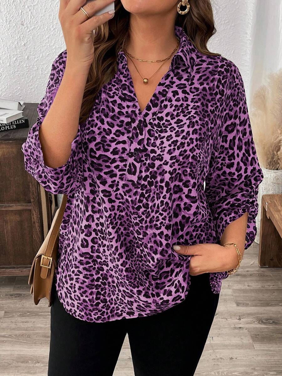 EMERY ROSE Áo sơ mi tay giữa họa tiết da báo cỡ lớn - Màu tím - Xem 1