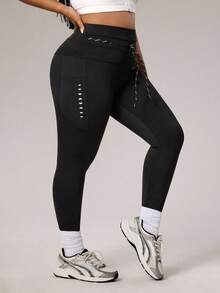 Rhythm Era Women's Reflective Moon Pocket Graphic Drawstring Skinny Leggings, Suitable For Casual, Sports, Daily Wear, All Seasons Black Workout Leggings But Lifting Legging Active Wear Leggings Sports Leggings Curve Workout Clothes Resistance Band Leggings - Black - View 4