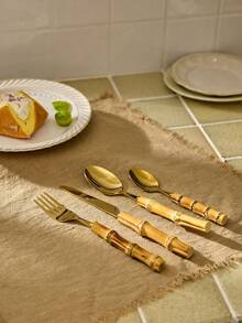 Cirelle 16/4 件套竹制不锈钢餐具套装，带天然竹柄，学校用品，圣诞节礼物，感恩节和万圣节节日餐具 - 金色 - 查看 3