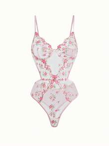 Bonmuse 女士性感内衣，粉色花卉刺绣网纱镂空露背连体裤，适合亲密睡衣、夜店装、情人节穿着 - 粉色 - 查看 10