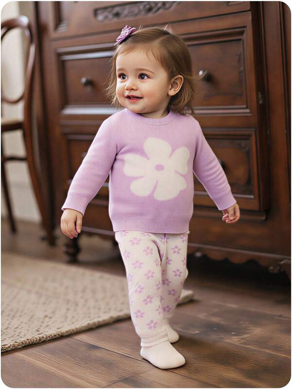 SHEIN Vintaside Kids Baby Mädchen Lila Blumen Jacquard Strickpullover & Hose Set, locker sitzende Crew Neck Langarm Strickware Co-Ord, weich & bequem, geeignet für Frühling/Herbst, Alltag, Outdoor, Reise, Urlaub, Zuhause, Kinderbetreuung, Spielzeit