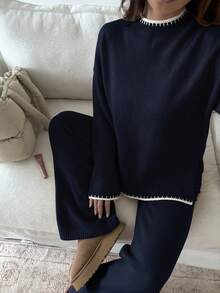 Flirla 2件套女士撞色针织毛衣和裤子套装 - 藏蓝色 - 查看 5
