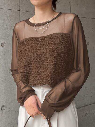 FRIFUL Women's Solid Color Minimalist Sheer Patchwork Long Sleeve Top, Everyday Wear