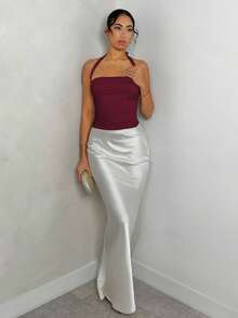 Glamine Sexy Reddish Brown Color Halter Neck Backless Ruched Sleeveless Tank Top,Women Birthday Tank Top,Basic Tank Top,Going Out Tank Top,Party Must Have,Christmas Tank Top,Elevated Eance Tank Top,Streetwear,New Year Top,Valentine Top,Spring Top - Redwood - View 4