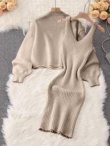 Franclia 女士优雅两件套：仿珍珠花朵装饰长袖毛衣和无袖针织连衣裙，秋冬 - 駝色 - 查看 2