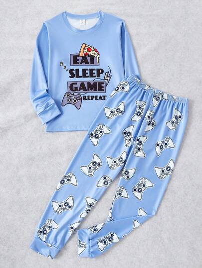 2pcs Video Game Print Casual Pajama Set For Older Boys