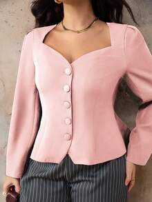 Roveilla Áo sơ mi trơn màu thanh lịch, thường ngày cỡ lớn dành cho nữ, cổ bẻ, cài nút phía trước, tay dài, kiểu dáng ngắn, thích hợp khi đi làm, đi nghỉ, tiệc trà chiều, tiệc Giáng sinh - Hồng - Xem 4