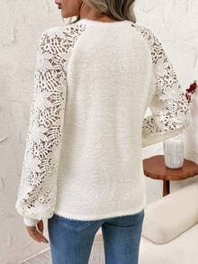 SHEIN Clasi Áo len nữ tay ren, thanh lịch cho các buổi tụ họp, tiệc tùng và Giáng sinh mùa thu đông dành cho nữ Áo len ren tay dài Giáng sinh dành cho nữ Áo ren dành cho nữ Áo thun ren năm mới mùa thu đông dành cho nữ - Màu be - Xem 2