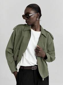 Ontre Women's Loose Short Jacket, Urban Chic, Commuting, Business Casual, Autumn/Winter - Army Green - View 7