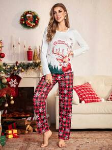 SHEIN Plaid Snowflake Deer Casual Christmas Pajama Set For Women, Winter Clothes - White - View 6