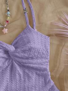 Soleia 女士度假白色纹理不对称扭纹胸围荷叶边下摆紧身迷你连衣裙，修身收腰，适合派对