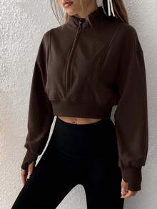 SHEIN EZwear 女士前拉链长袖简约短款卫衣，休闲日常穿着，长袖上衣，适合毕业、教师、秋冬季返校等场合 - 咖啡棕 - 查看 3