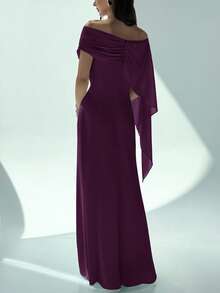 Aloruh 新款露肩船领飘逸修身设计感生日迷你连衣裙派对鸡尾酒会百搭绿色美人鱼下摆长裙 - 紫色 - 查看 2