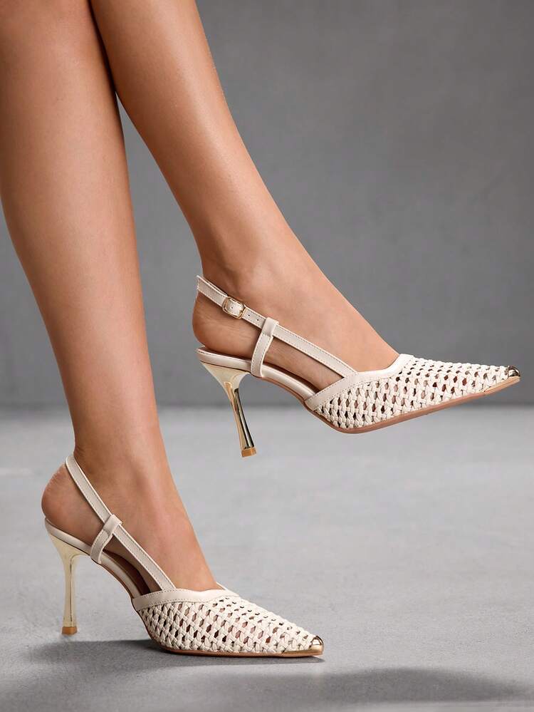 CUCCOO SZL Escarpins à talons hauts de mariage minimalistes sexy pour soirée, bout pointu en apricot, patchwork tressé avec bout en métal