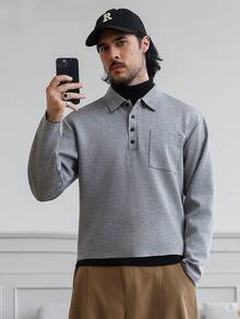 HUEFORM Męska, swobodna, jednokolorowa bluza zapinana na guziki i skrócona wersja. Elastyczny materiał podkreśla figurę i nadaje się do noszenia zarówno na zewnątrz, jak i wewnątrz. Bluzka męska z długim rękawem. - Ciemnoszary - Zobacz 1