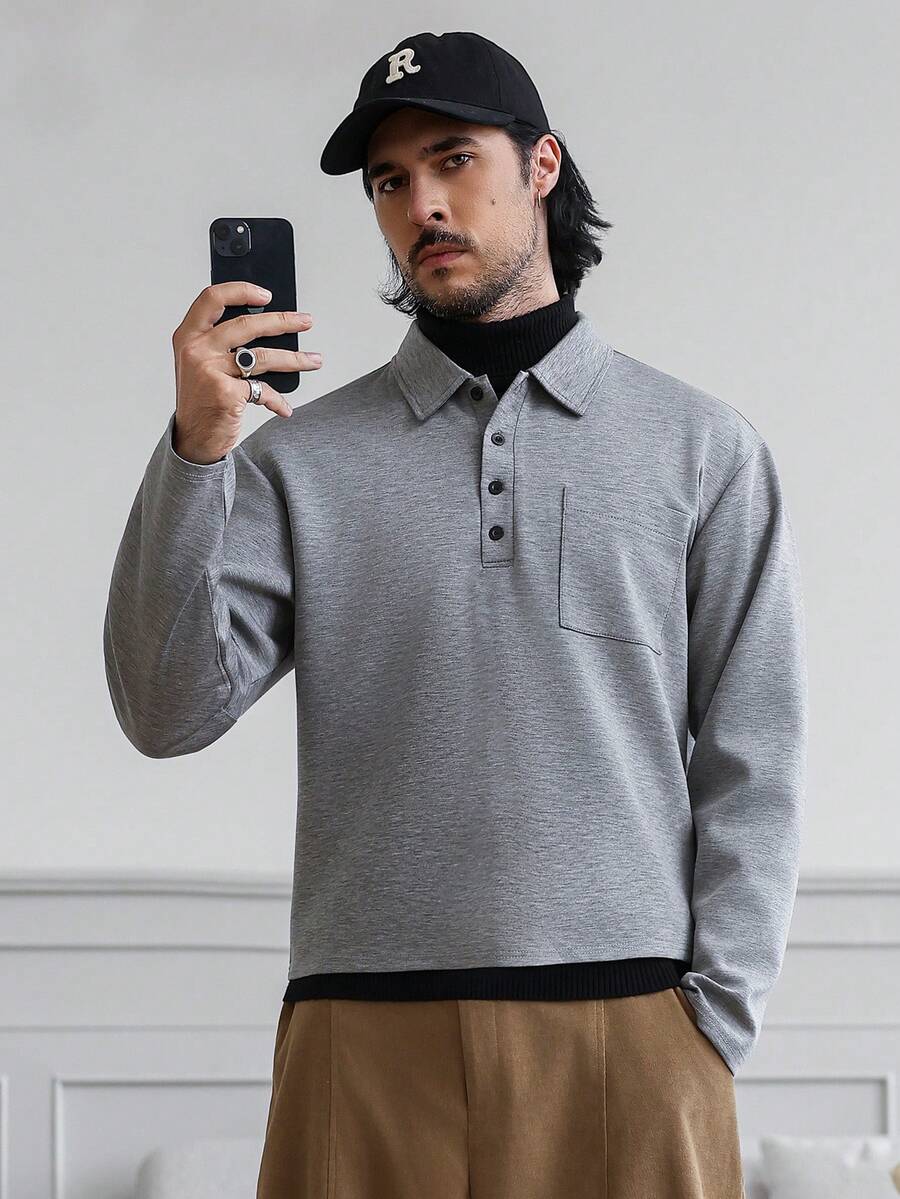 HUEFORM Męska, swobodna, jednokolorowa bluza zapinana na guziki i skrócona wersja. Elastyczny materiał podkreśla figurę i nadaje się do noszenia zarówno na zewnątrz, jak i wewnątrz. Bluzka męska z długim rękawem. - Ciemnoszary - Zobacz 1