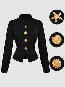 Sunspun 大码女式黑色休闲收腰衬衫，贝壳和海星纽扣装饰，秋冬 - 黑色 - 查看 1