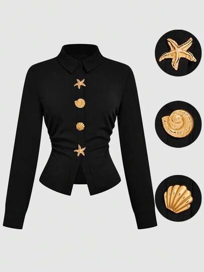Sunspun قميص كاجوال للمرأة بحجم كبير باللون الأسود مع خصر مشدود، مزين بأزرار على شكل صدفة وجنم البحر، مناسب للخريف والشتاء