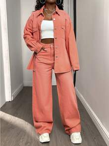 DAZY 女士粉色宽松外套和牛仔裤套装 - 粉色 - 查看 3