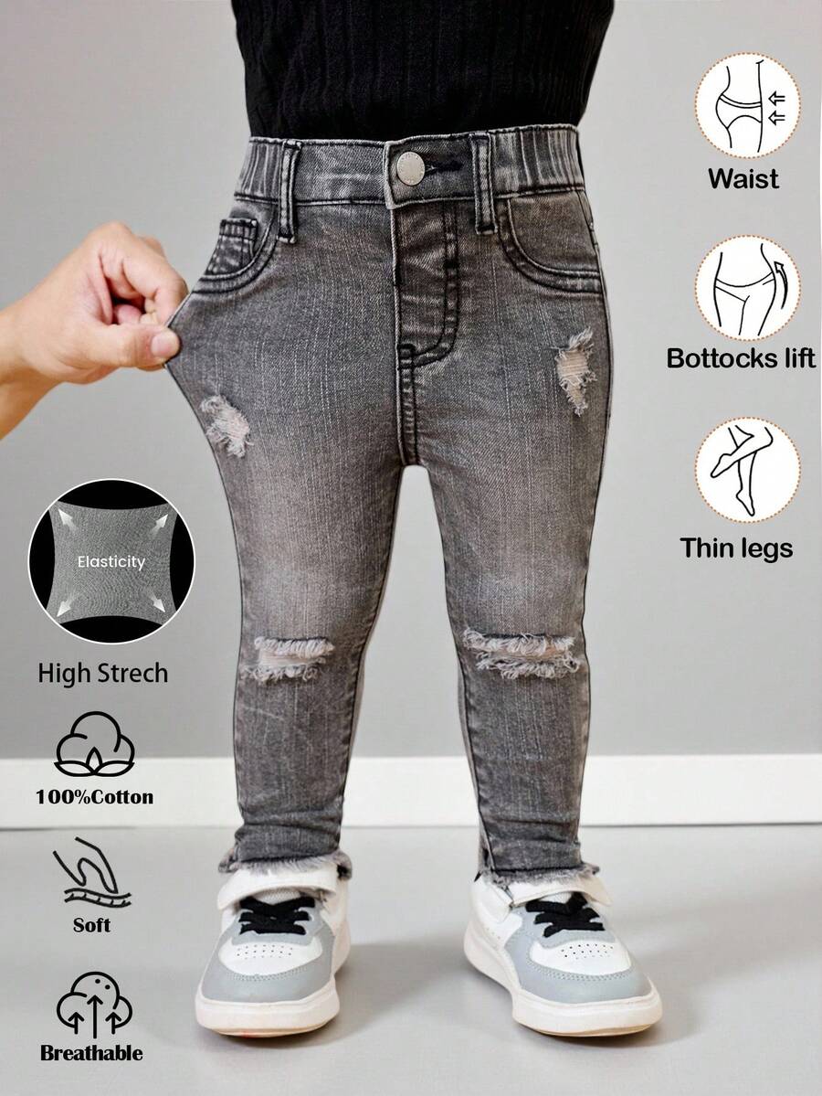 Niedliche graue Jeans für Mädchen mit Rissen und elastischem Bund, Herbst- und Winterkleidung, lässige und modische Urlaubsoutfits, Streetwear, 2000er-Jahre-Stil, Halloween-Jeans, Weihnachtsjeans - Dunkelgrau - Übersicht 1