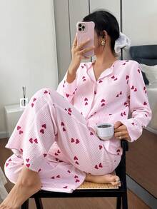 Napfluff 女士休闲可爱撞色领条纹爱心印花长袖上衣和裤子睡衣套装，可爱女士睡衣，秋冬服装 - 彩色 - 查看 5