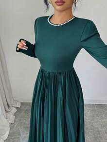 Rafferiza Váy dài tay xếp ly đính hạt cườm thanh lịch dành cho nữ - Màu xanh lá cây đậm - Xem 6