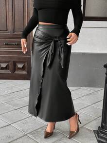 Elenzga Plus Size Women Elegant Ruched Bow Tie Wrap Split Skirt - Black - View 3