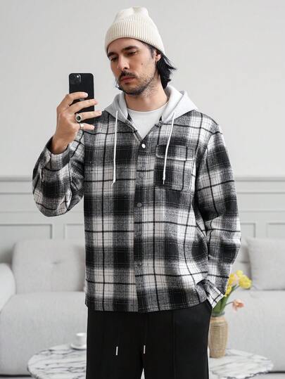 HUEFORM Men Cotton Contrast Plaid Fabric Patched Pocket Warm And Cold-Resistant Hoodies Shirts, Suitable For Home Life And Daily Street Winter, Long Sleeve Top