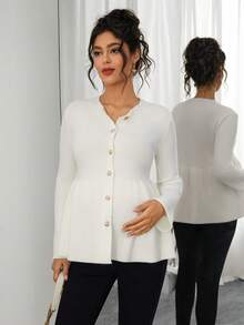 SHEIN Maternity Solid Color Drop Shoulder Long Sleeve Front Button Ruffle Hem Knit Cardigan