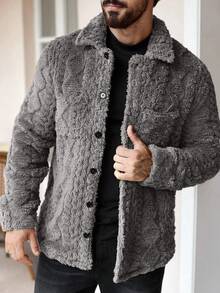 Manfinity Homme 男士休闲纯色毛绒长袖外套，适合秋冬季节穿着，法兰绒材质，冬季男士夹克，男士针织纽扣羊毛夹克，衬衫式外套，男士皮草大衣 - 深灰色 - 查看 5