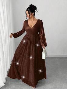 Elenzga Vestido de manga larga de malla con apliques de lentejuelas y cuentas