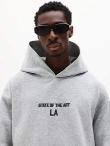 SUMWON Regular State Of The Art LA Text Print Pullover Hoodie With Centre Pocket And Drawstring Hood Plain - Grey - View 6