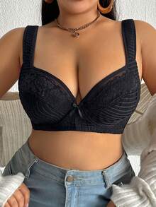 Plus Size Women Lace Patchwork Bra - Black - View 8