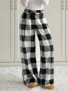 SHEIN Tall Women's Tie-Waist Fluffy Plaid Print Casual Wide Leg Baggy Pants Black And White Plaid Pants Wide Leg Pants Striped Palazzo Pants Wide Leg Striped Pants Palazzo Pants Women Fall Winter Thickened Pants