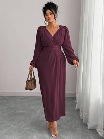 Elenzga Plusstorlek Damklänning med långärmad, casual och enfärgad volang, elastisk midja, passar för arbete, semester, vår/höst/vinter