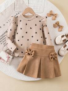 Genkimix Kids Girls Casual Sweet Ruffle Trim Long Sleeve Top + Elastic Waist Pleated Skirt With Bow, Suitable For Daily Wear, Casual Outings