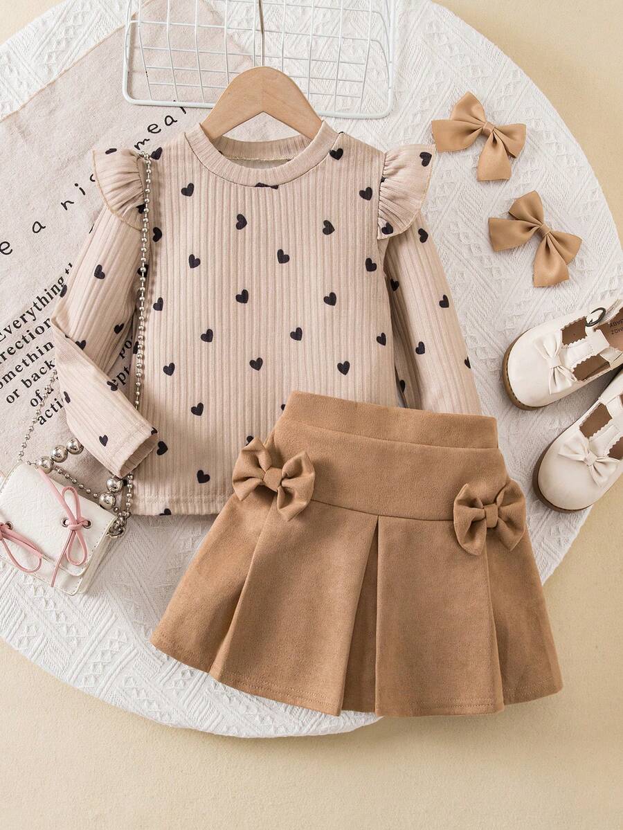 Genkimix Kids Girls Casual Sweet Ruffle Trim Long Sleeve Top + Elastic Waist Pleated Skirt With Bow, Suitable For Daily Wear, Casual Outings