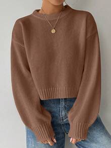 SHEIN LUNE 女式纯色简约休闲圆领长袖白色毛衣 - 粉色 - 查看 3