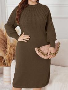 Lacomfia Gaun Rajut Elegan Wanita Ukuran Besar dengan Motif Kabel, Leher Bulat, Lengan Raglan, Lengan Panjang, Musim Gugur/Musim Dingin - Coffee Brown - View 5