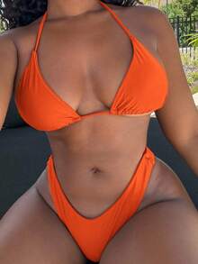 Alexandranx Women's Solid Color Halter Neck Tie Two Pieces Bikini Set Bathing Suit For Summer Beach - Orange - View 3