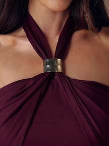 SHEIN BAE Autumn/Winter Women's Sexy Metallic-Embellished Ruffled Bodysuit Burgundy Bodysuit Sexy Bodysuit Fashion Statement Piece Outfit New Year's Attire Red Bodysuit Perfect For Home, Parties - Burgundy - View 7