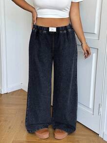 SHEIN EZwear 大码宽松松紧腰阔腿牛仔裤，黑色 - 深色水洗藍 - 查看 5