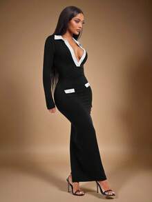 Radiana Rochie lungă de damă, cu mânecă lungă, în contrast cu alb-negru, potrivită pentru purtare zilnică, întâlniri casual, întâlniri, birou, naveta, maieu de toamnă/iarnă