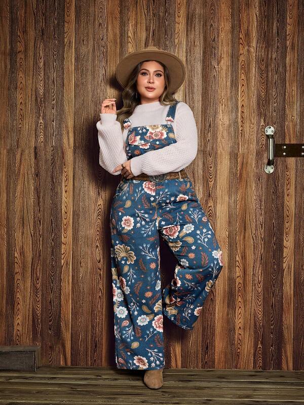 EMERY ROSE Plus Size Women Retro Western Print Denim Bib Overalls