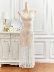 2pcs/Set Women Sexy Lace Nightgown And G-String Lingerie Set - White - View 6